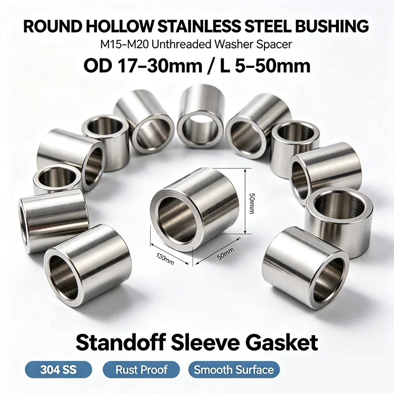M15-M20 304 Stainless Steel Bushing Gasket Washer Unthreaded Round Hollow Standoff Spacer Sleeve OD 17-30mm L 5-50mm
