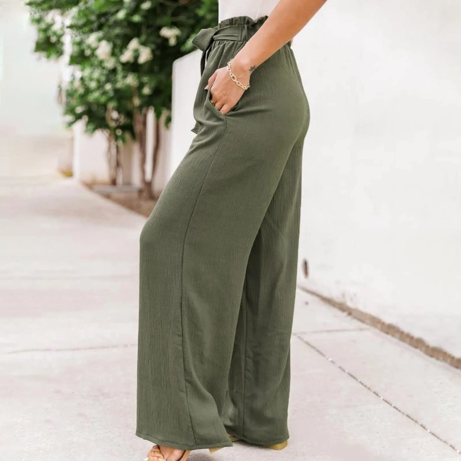 

Wide Leg Pants For Women High Waisted Tied Belt Palazzo Baggy Flowy Casual Beach Trousers With Pockets 2024 Hot Selling Outwear