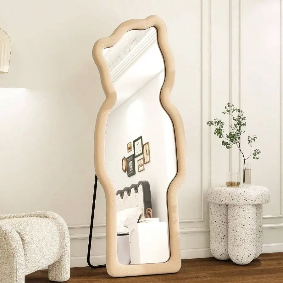 

Нестандартное напольное зеркало в полный рост с фланелевой рамой в форме медведя, декоративное круглое напольное зеркало, цвет молочный чай