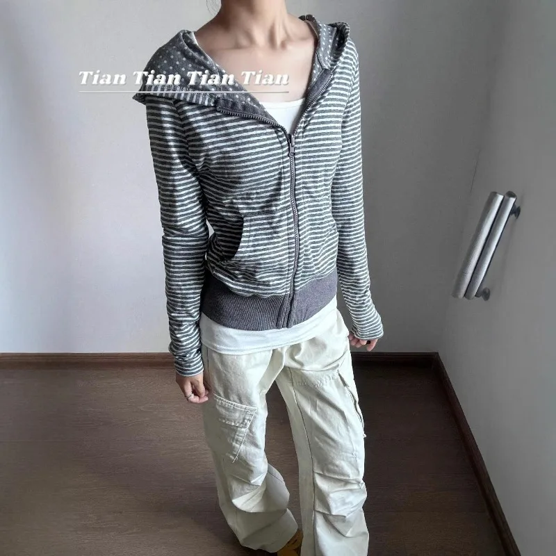 2026 Early Autumn New Vintage Slim Fit Thin Striped Hooded Cardigan Spice Girl Sweatshirt for Trendy Young Women Daily Wear view 4