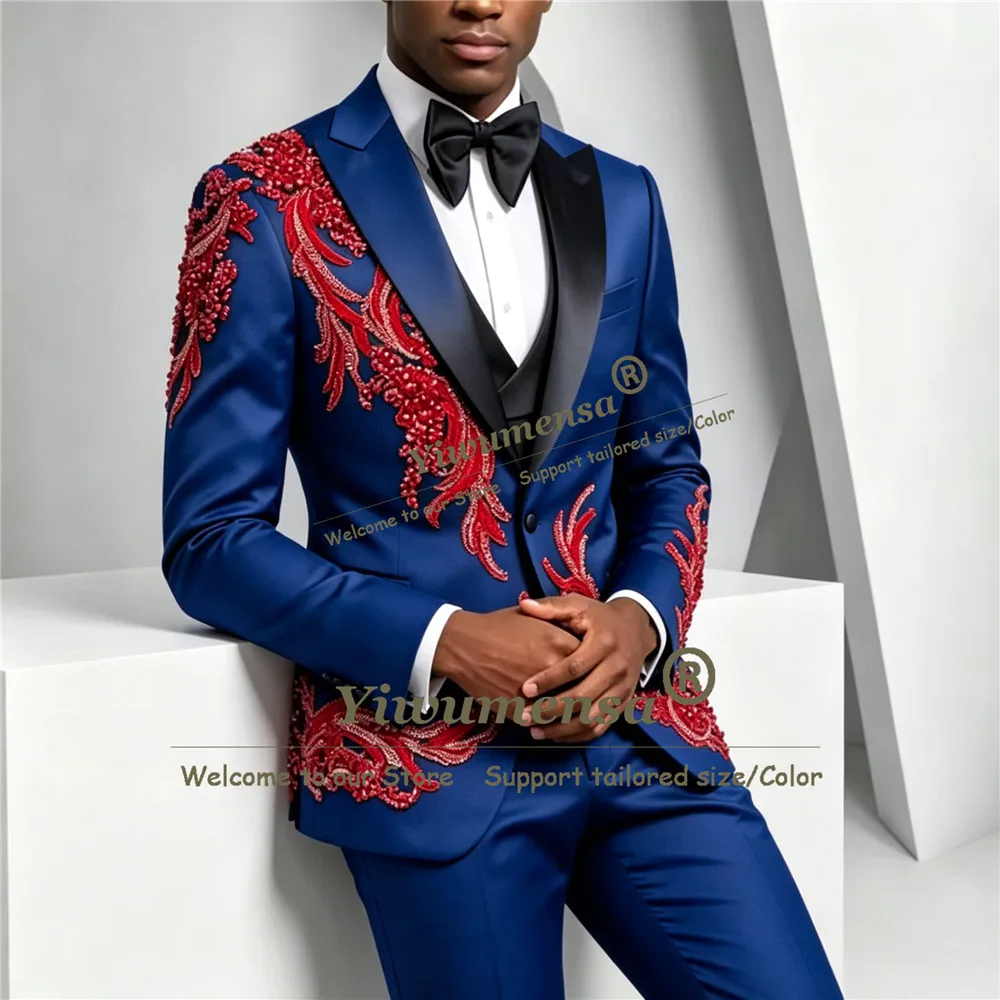 Unique Design Groom Tuxedo Suit For Wedding Red Beaded Applique Prom Blazer Vest Pants 3 Piece Sets Man Banquet Paty Outfit 2026