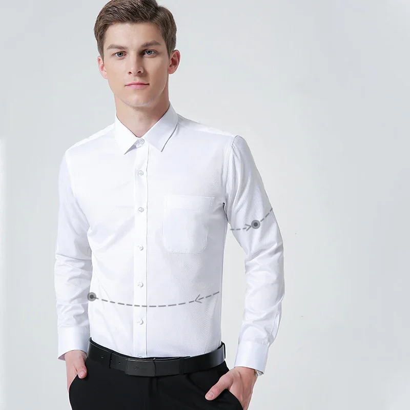 New Cotton Men Classic Long Sleeve Dress Shirt Regular Pocket Fit Formal Business Work Office Casual Button White Shirts S-8XL