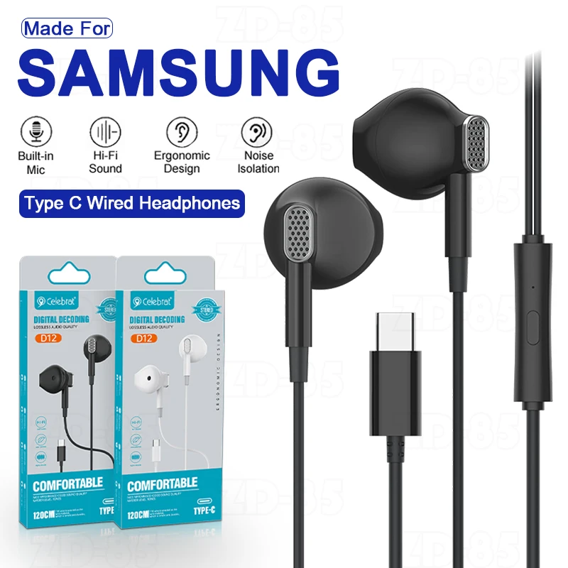 USB-C Wired Headphones For Samsung Galaxy S24 S23 S22 S21 Ultra HiFi Stereo in-Ear Headphone A54 A34 A53 Note 20 Type C Earphone