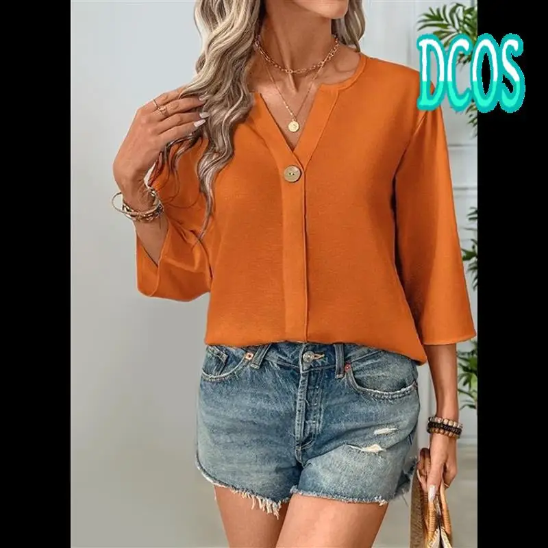 

DCOS-Women's Linen Shirt Casual Button V Neck Long Sleeve Shirts Breathable Summer T Shirts Solid Blouses Tops