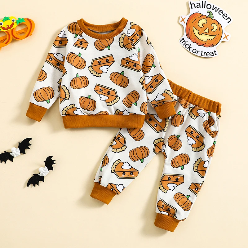 Baby Girl Fall Outfit Flower Pumpkin Print Long Sleeve Sweatshirts Elastic Waist Long Pants 2Pcs Halloween Clothes Set 0-3 Years image 5