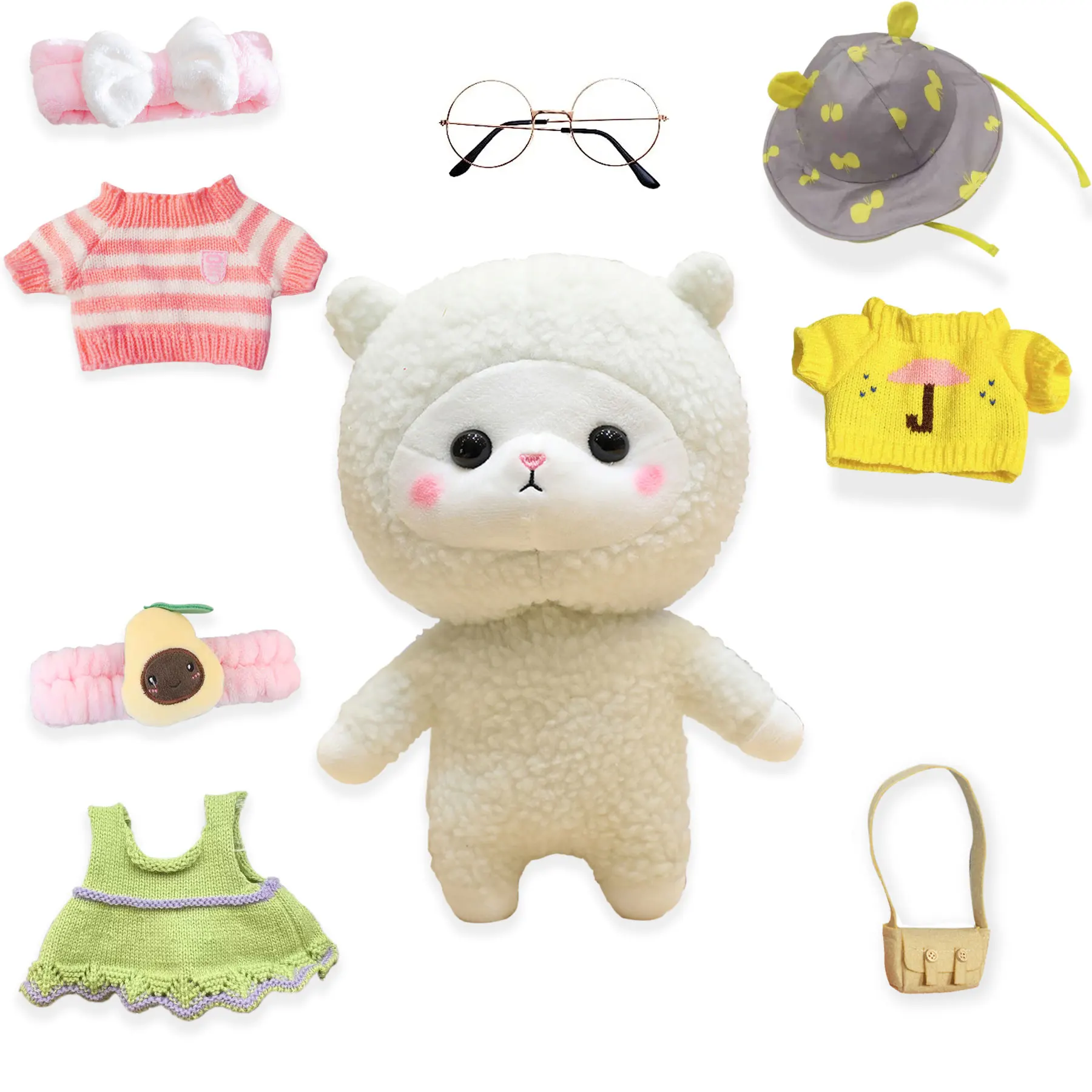 

Kawaii Animal Plush with Glasses and 8 Clothes – Soft Stuffed Toy for Decoration or Gift