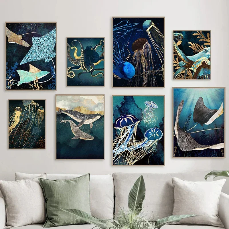 قماش اللوحة المحيط الحيوان الحياة البحرية جدار صورة مجردة معدنية الأخطبوط الحوت قنديل البحر الملصقات غرفة المعيشة ديكور المنزل