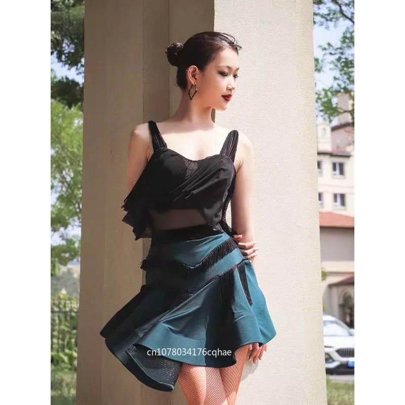 

Latin Dance Dress Summer Mesh Strap Fishbone Half Skirt National Standard Practice Dress Dance Dress