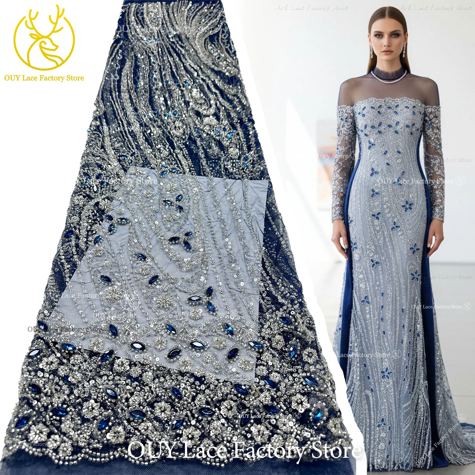 

Navy Blue French Luxury Beaded Stone Lace Fabric 2026 Nigerian African Sequins Lace Fabric Suitable For Sewing Evening Dress