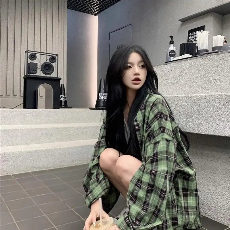 Pink POLO Collar Plaid Shirt Jacket Summer New Mid to Long Length Sunscreen Shirt Long Sleeved Top Women\'s Plaid Jacket