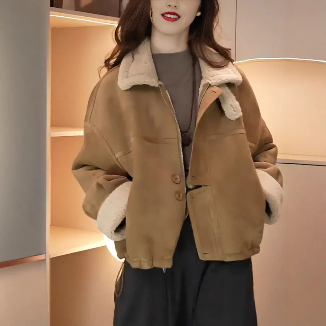 

Women's ort Thiened Fce Lined Suede Jaet Winter Outerwear 2025 Korean Sle Small Size Loose Top Simple Sle