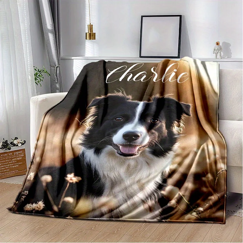 Personalized dog photo blanket with soft polyester fiber pet portrait cover, gold background and dandelion decoration
