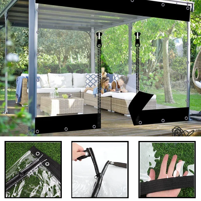 Custom Clear Zipper Tarpaulin Rainproof Transparent Curtain For Outdoor Pergola Gazebo