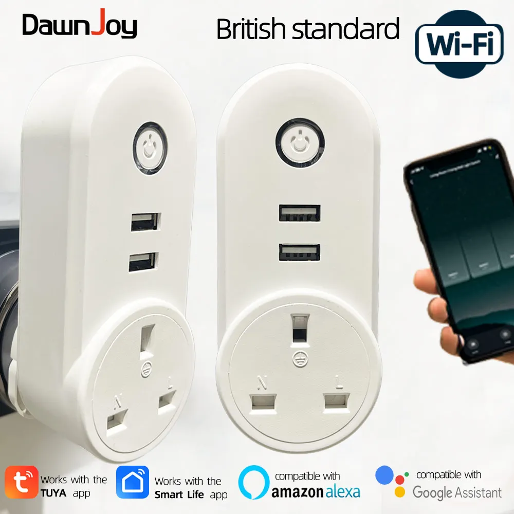 

Dawnjoy Smart UK WiFi Plug with 2 USB 2A British Standard 110V 220V Socket WireLess Tuya Appremote timing Voice GoogleHome Alexa