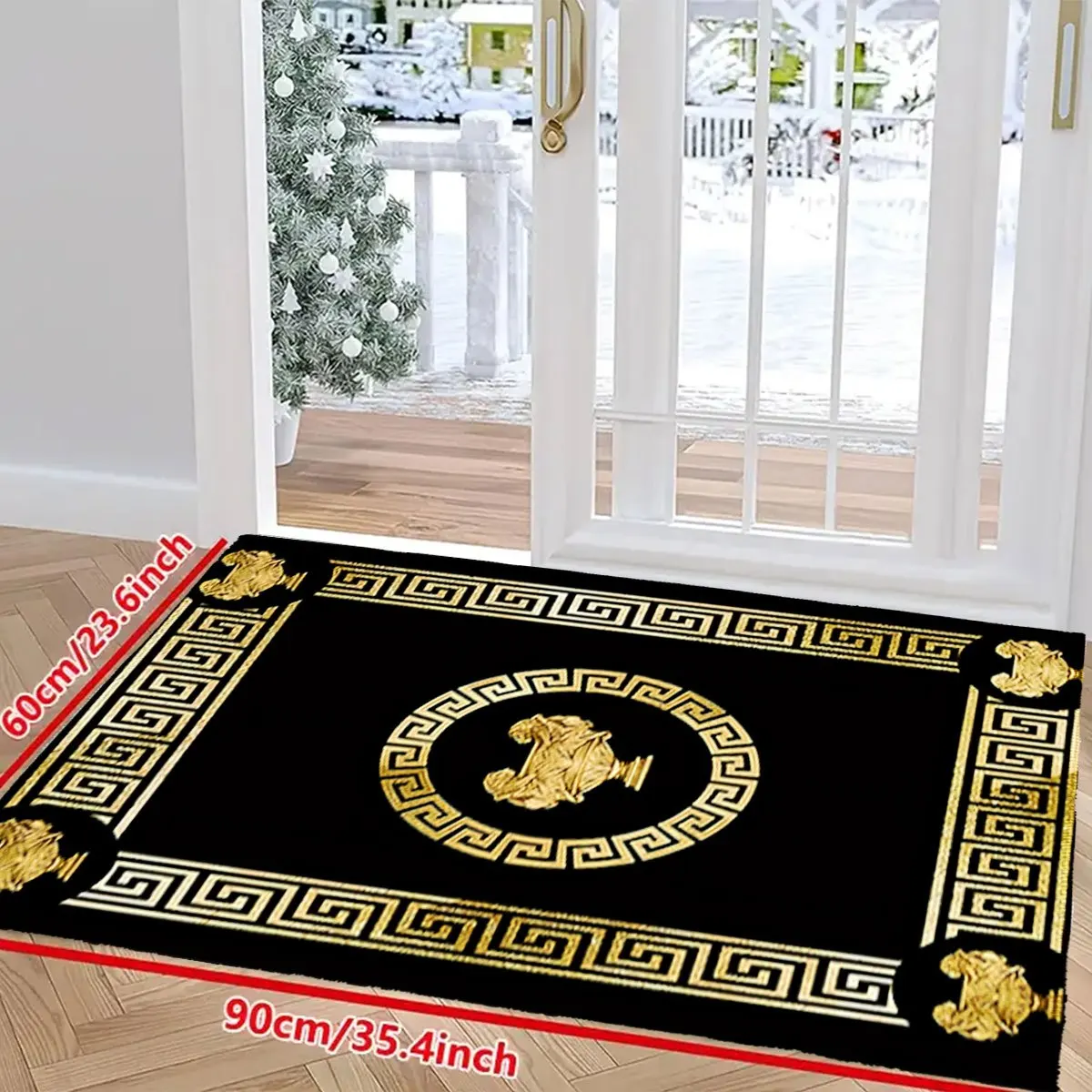 Luxurious Black Greek Key Meander Pattern Rug Mat Runner for Home Entrance Hallway Classical Greek Mythology Decorative
