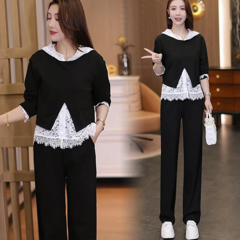 Fashionable Lace Three-Piece Set Women's Large Size Lazy Hook Long Sleeve Commute Suit Autumn 2026 Casual Sportswear Ensemble