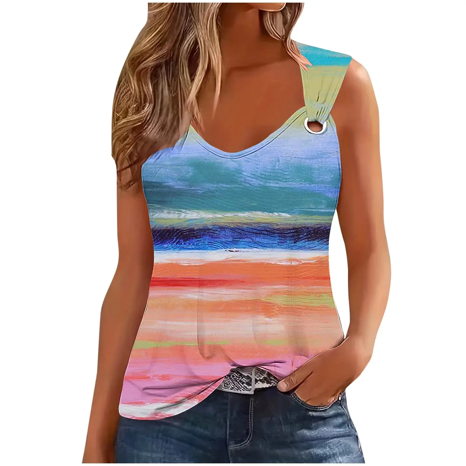 2024 Summer Casual Tops Women\'s T-shirt Sleeveless V-neck Stripe Printed Tshirt Top Femme T Shirt For Women