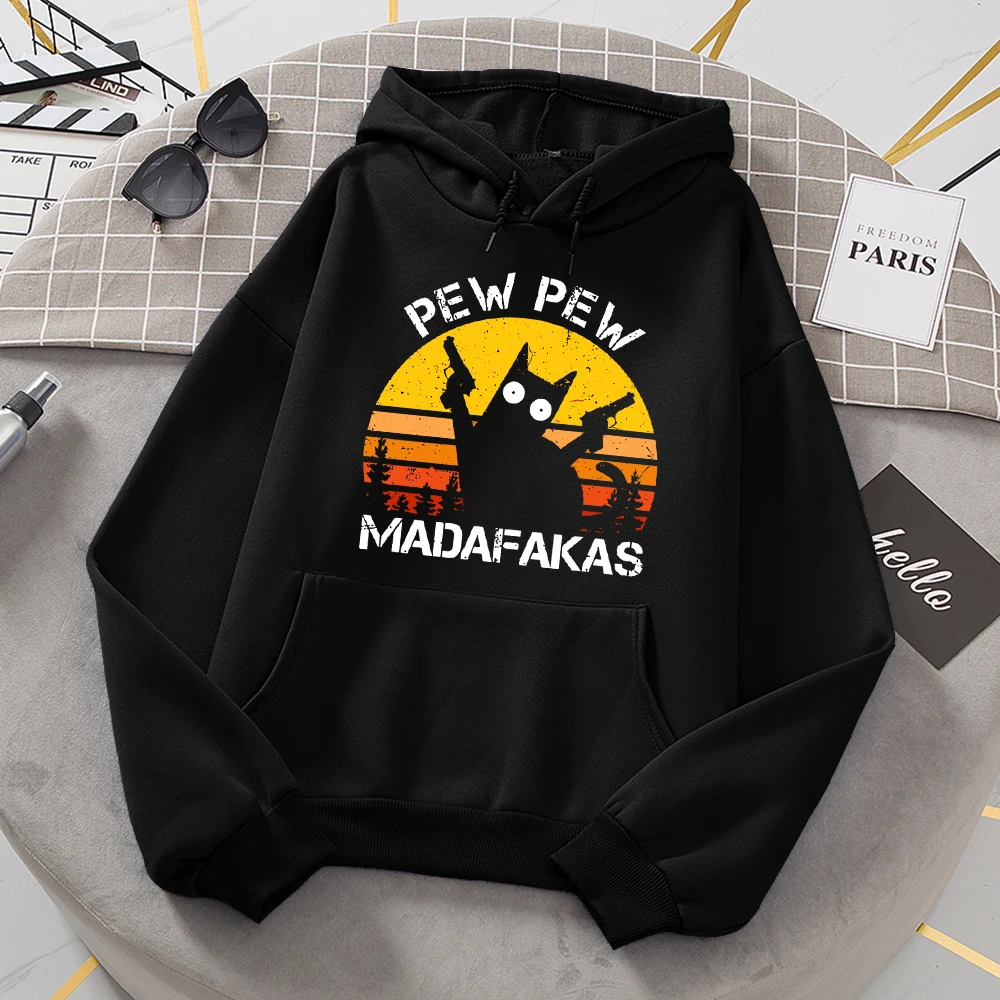 Pew Pew Madafakas Cat With Two Guns Hoodies Women Casual Fashion All Match Hoody Fleece Warm New Pullovers Harajuku Trend Hooded