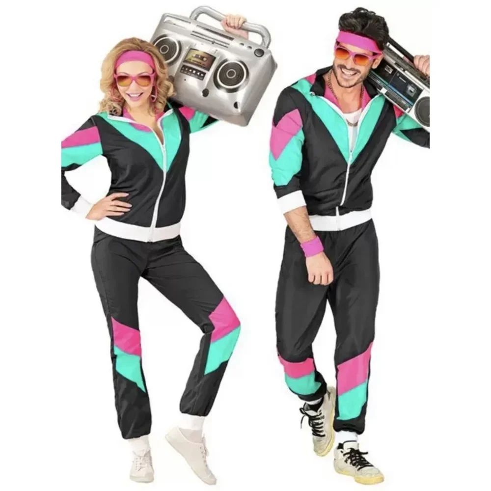 

Adult Vintage 80s Hip Hop Disco Cosplay Costume Men Women Couples Hippie Tracksuit Outfit Halloween Purim Carnival Party Clothes