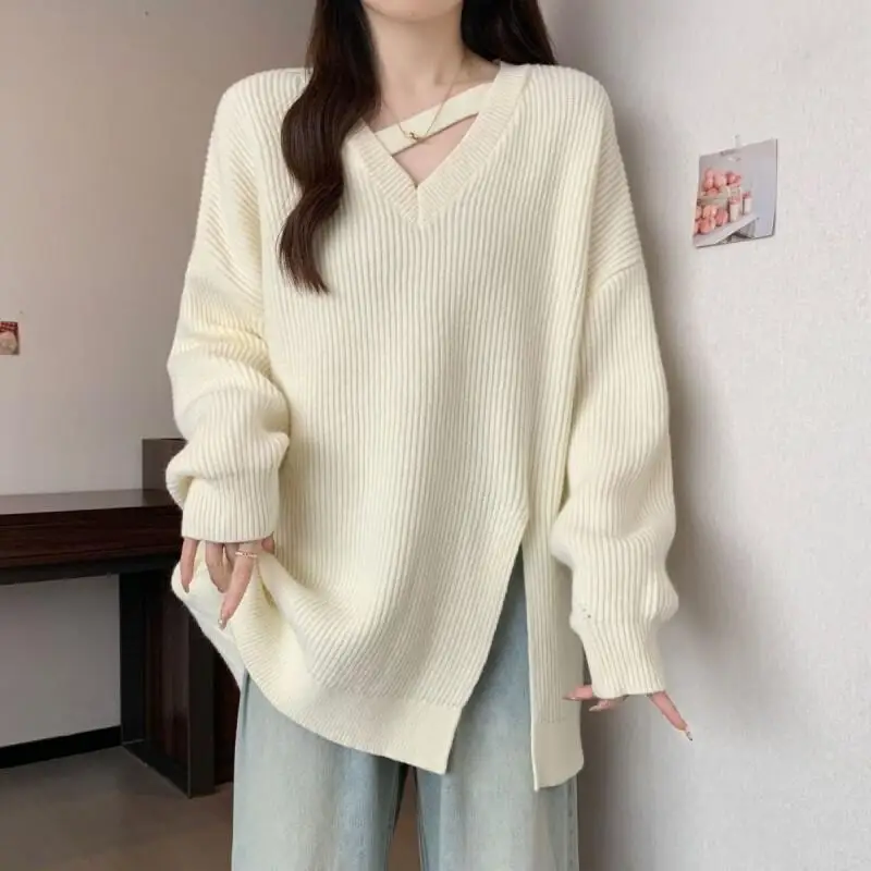 

Свитер, трикотаж, женский большой размер, новый осенне-зимний модный универсальный элегантный вязаный свитер с разрезом, свободный утягивающий базовый слой, топ