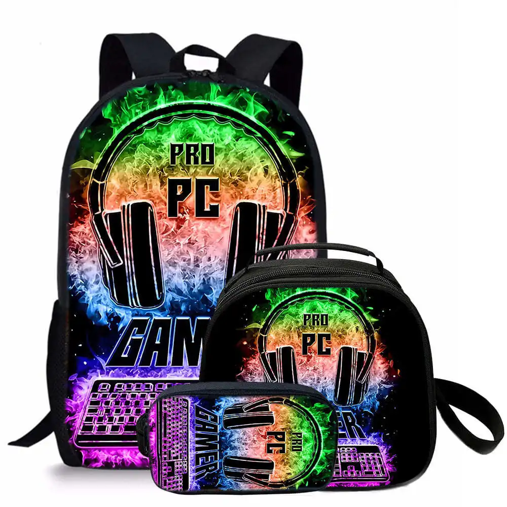 Trendy earphones keyboard mouse 3D Print 3pcs/Set Student School Bags Laptop Daypack Backpack Crossbody Lunch bag Pencil Case