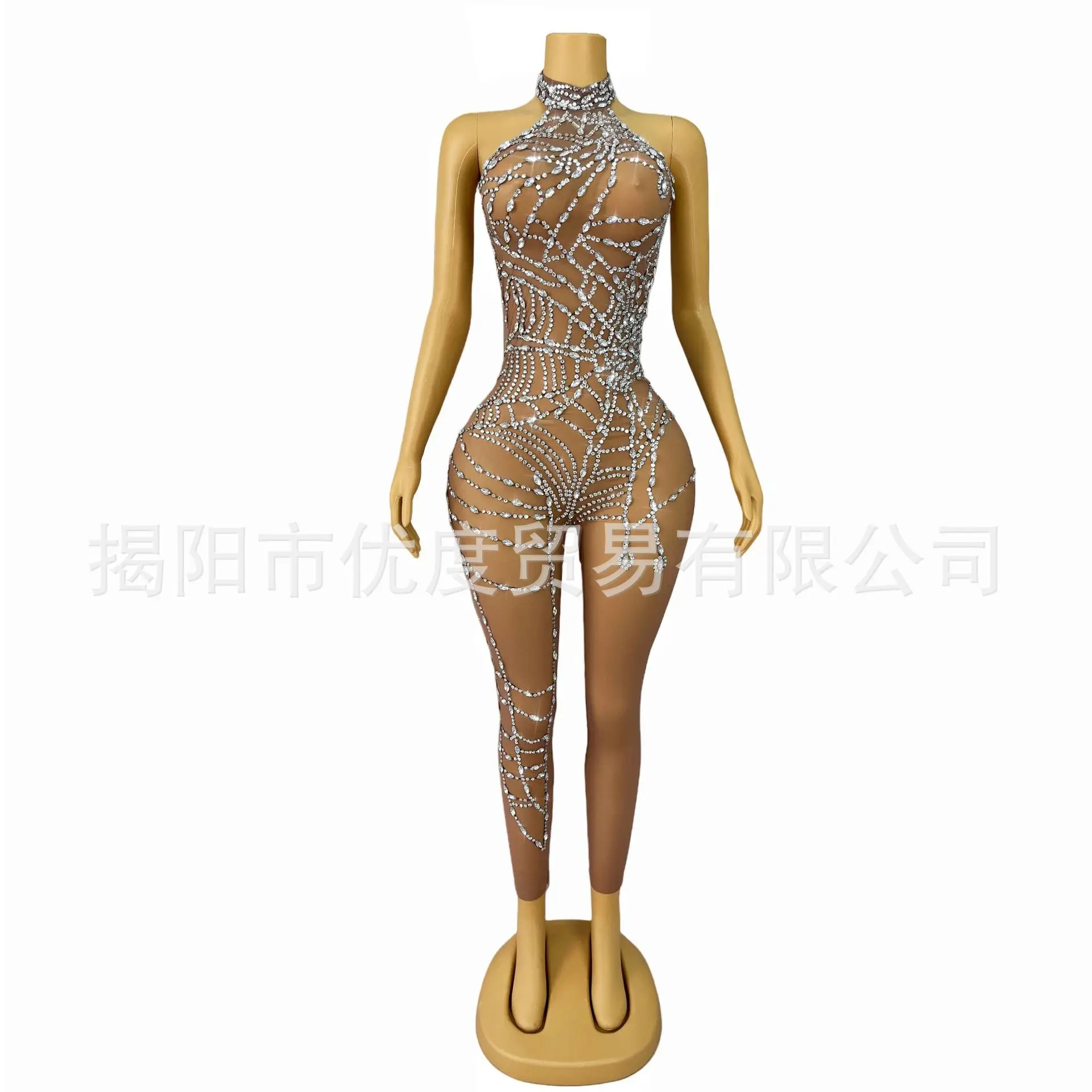 

Sexy Neck See-through Mesh Slim Female Singer Night Reception Party Jumpsuit Performance Halloween Sukienki Wieczorowe Luksusowe