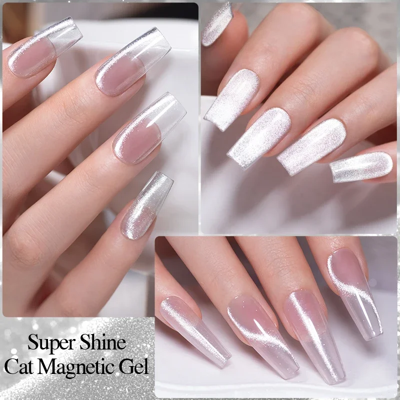7.5ML Sparkling White Cat Magnetic Gel Nail Polish Strong Silver Cat Eye Effect Soak Off UV Semi-Permanent Varnish For Manicure