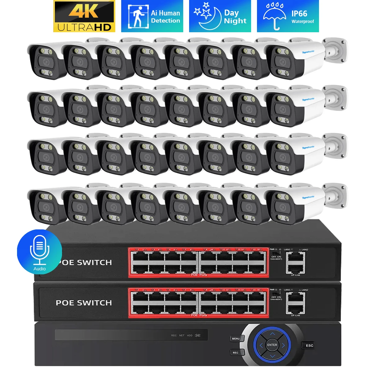 TOPROHOMIE H.265 32CH 4K POE NVR Kit 8MP CCTV sicurezza telecamera esterna per interni Audio visione notturna telecamera IP set di videosorveglianza