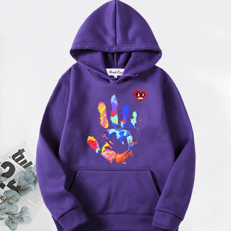 

Punk Graffiti Coloured Palm Printing Women Hoodie Polyester Red Eyes Beard Heart Embroidery Pullover Pockets Loose Lady Hoody