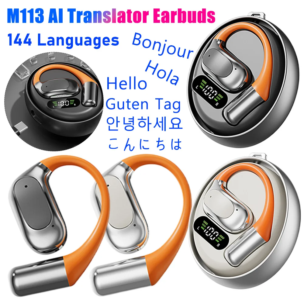 M113 AI Translator Earbuds Wireless Bluetooth Real Time Language Translation Earhook Headset 144 Languages Translators Headphone