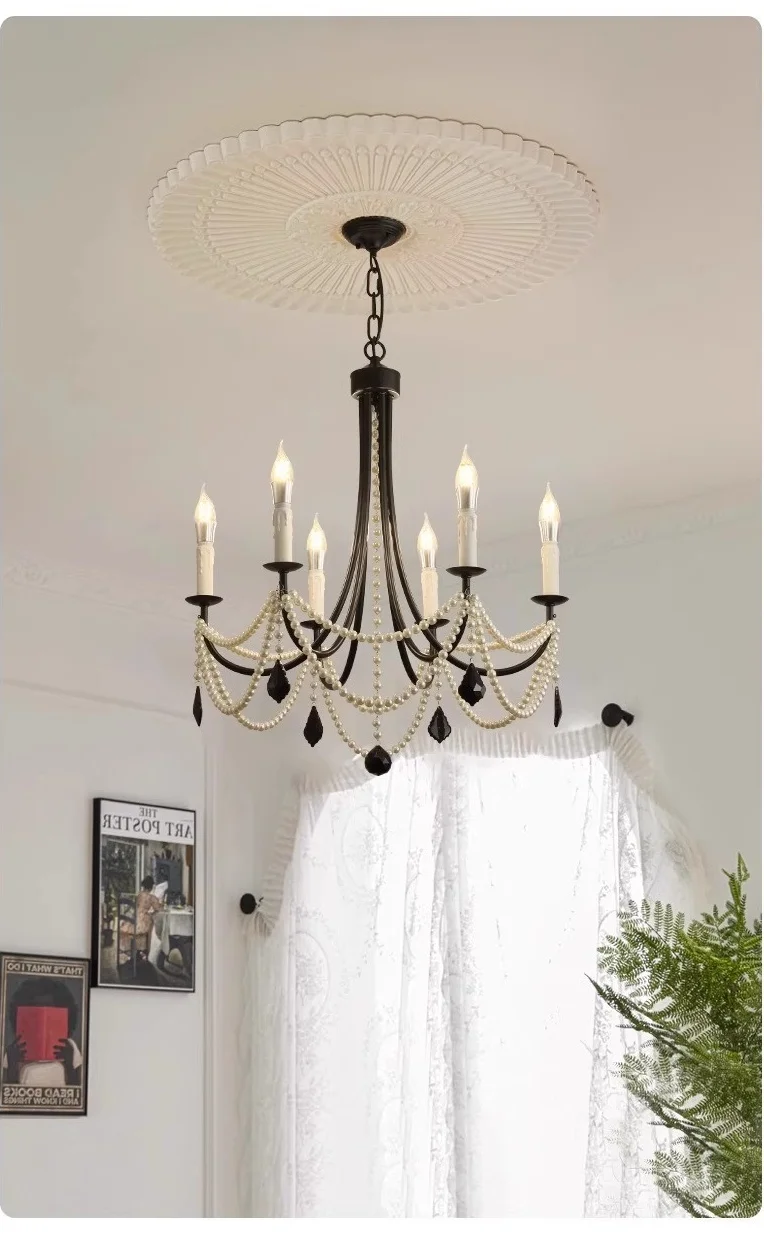American Retro Candle Chandelier Living Room Black Metal E14