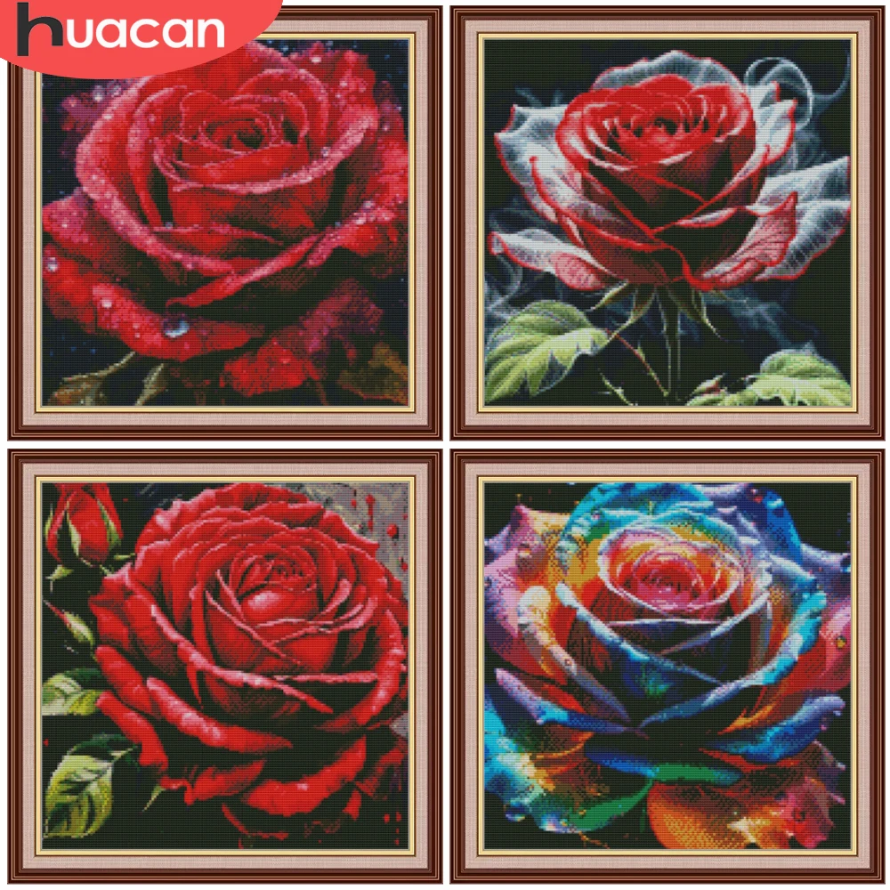 HUACAN 11CT Kreuzstich-Set, rosarote Blume, Stickerei, florales DMC-Garn, Kunsthandwerk, Handarbeiten, Gemälde, Wanddekoration