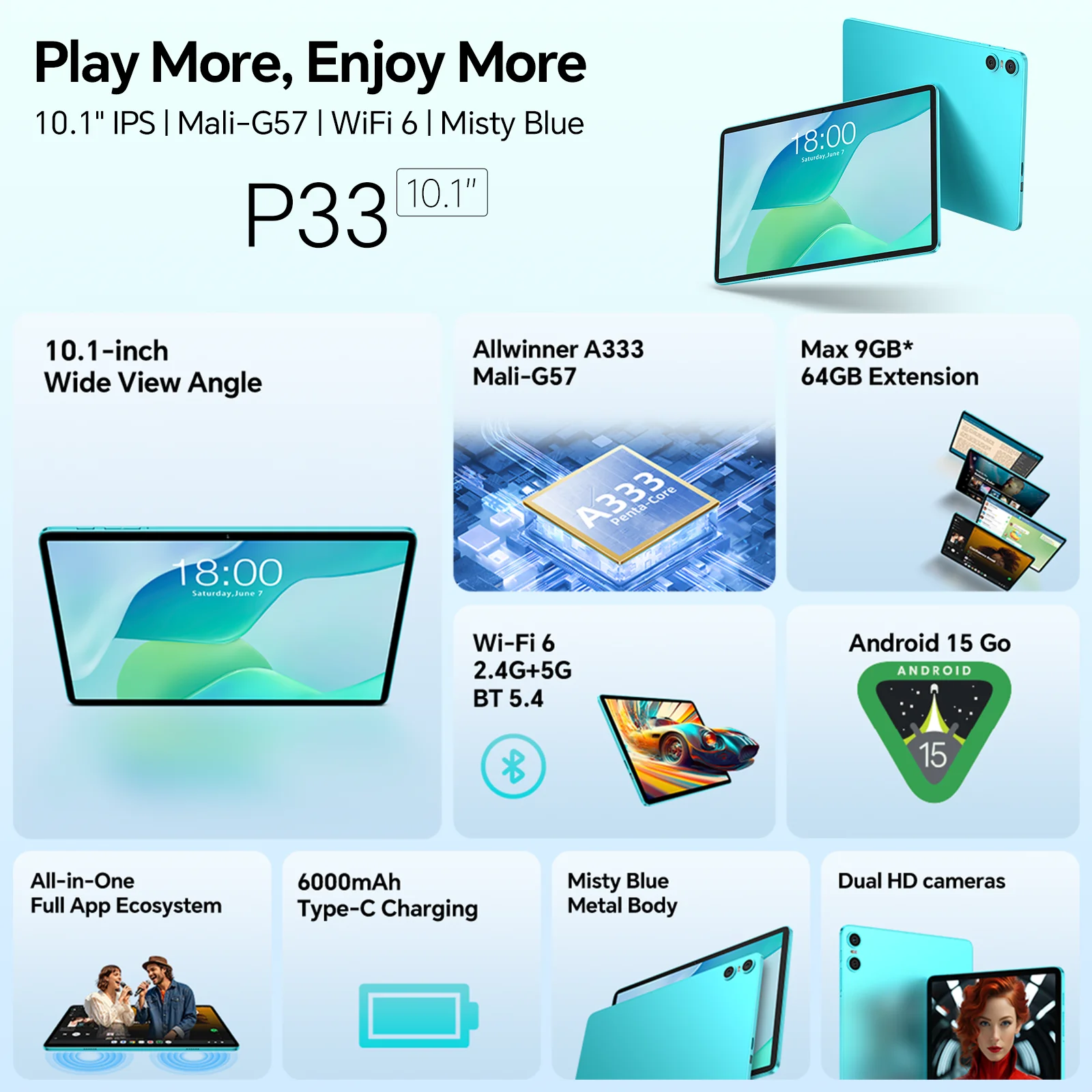 Teclast P33 Android 15 Tablet 10.1" 1280x800 IPS A333 5-core Max 9GB RAM 64GB ROM 6000mAh Type-C Metal Body Tablets PC Wi-Fi 6