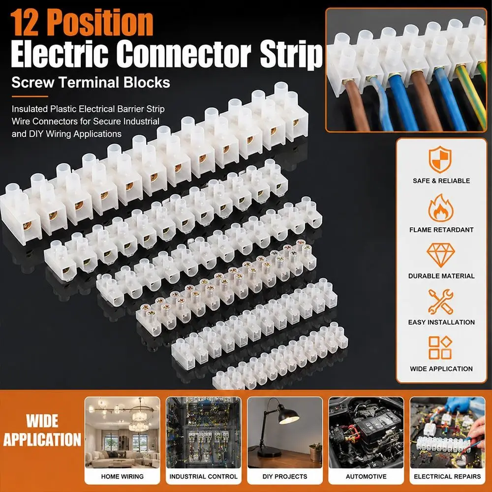 5Pcs 12 Position Electrical Connector Strip Screw Connection Insulated Housing Barrier Terminal Strip H Type Structure