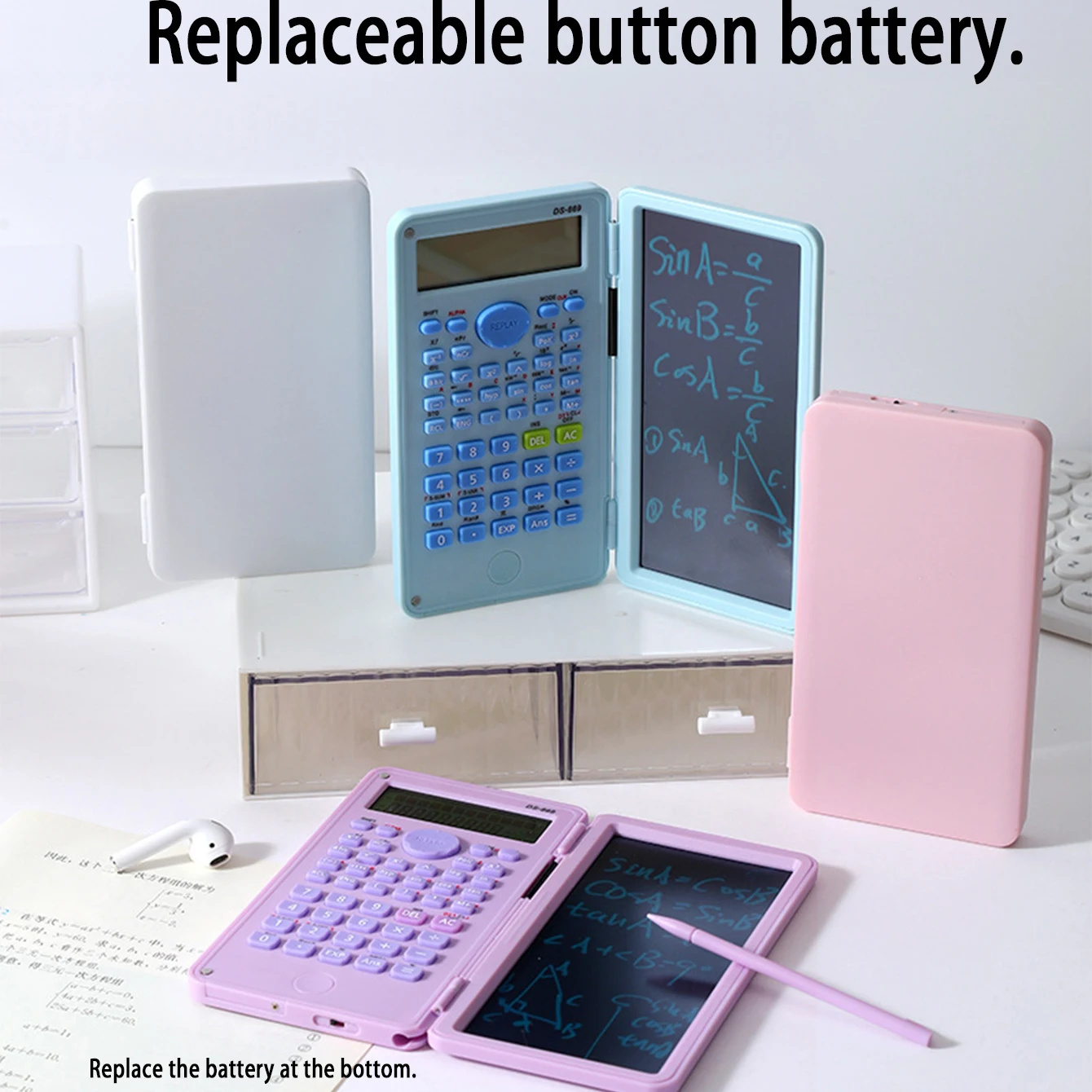 

1 scientific calculator with an LCD notepad – a large 10-digit display screen, with a foldable design