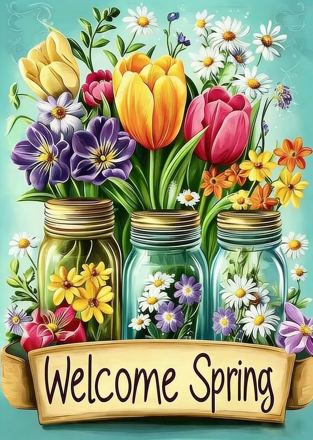 

Welcome Spring Flower Diamond Art Kits for Adults, 5D Diamond Painting Kits for Adults Beginners, DIY Full Round Drill Diamond