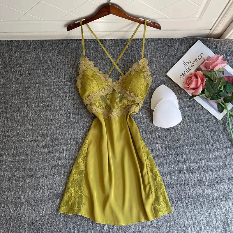 

Сексуальная кружевная ночная сорочка с V-образным вырезом, летний халат, ночная рубашка без спинки, женское атласное белье d'4o