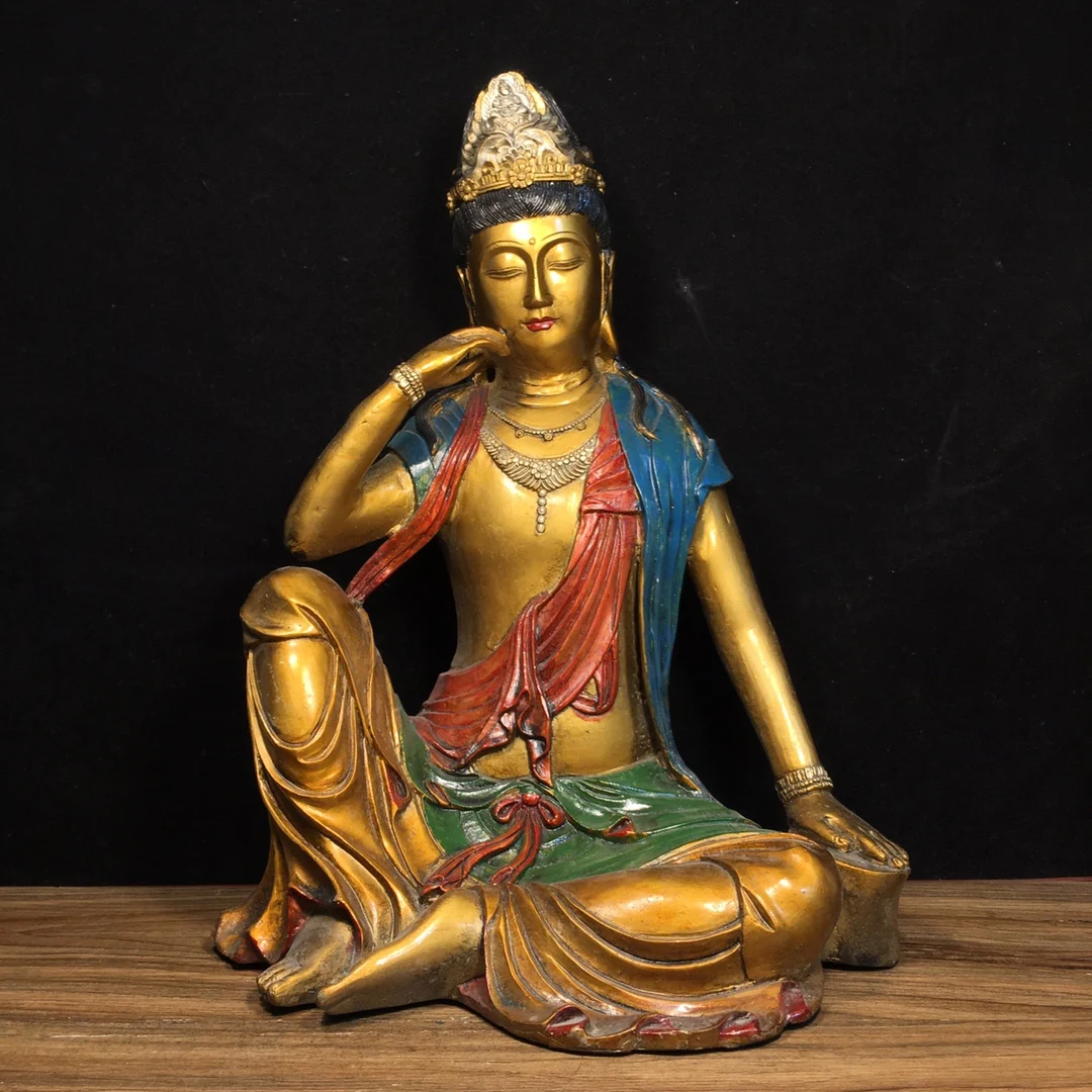 

13"Tibetan Temple Collection Old Bronze Painted Avalokitesvara Free Guanyin Bodhisattva Sitting Buddha Worship Hall Town house