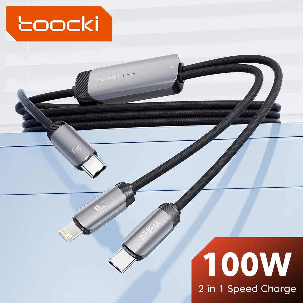 Toocki PD 100W USB C To USB C Cable Fast Charging 2-in-1 USB C To iP Cable For iPhone 14 Pro Max Huawei Mate 60 Samsung S24 S23