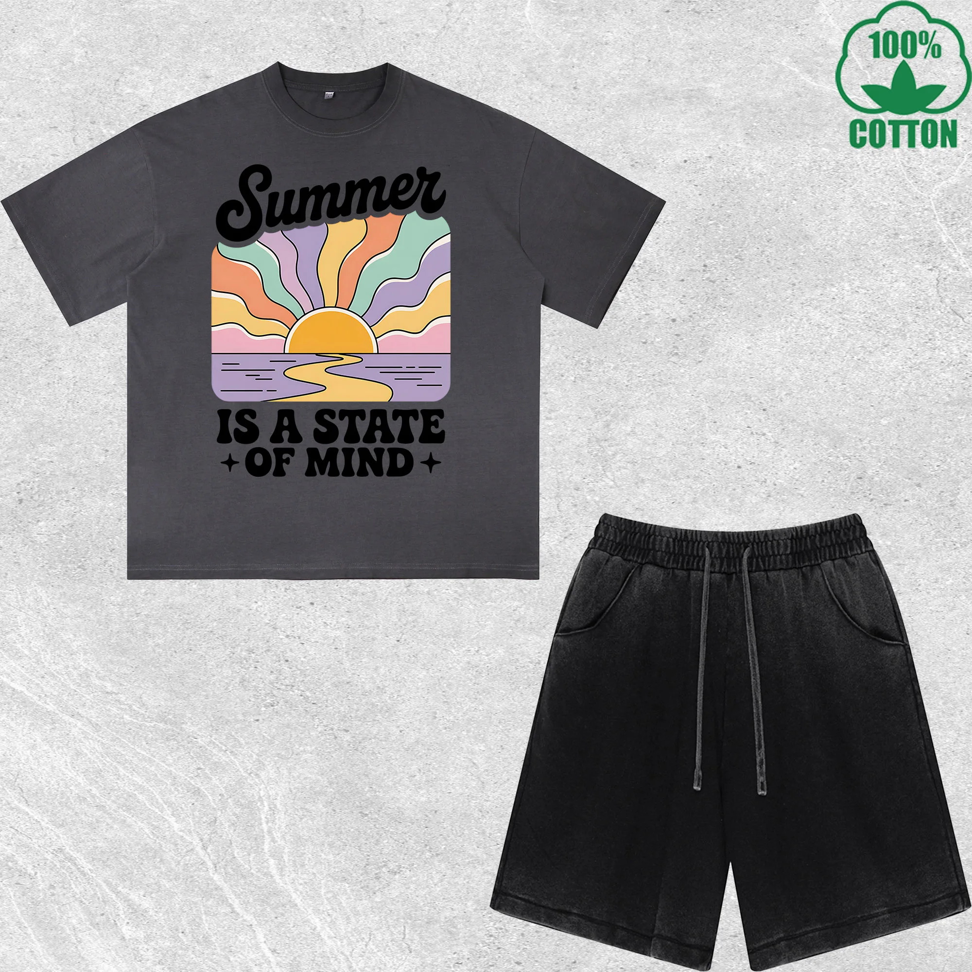 

Summer Is a State of Mind Printed Dirty Wash T-Shirt Shorts Set Multicolor Combo Loose Trendy Fashionable 100%Cotton