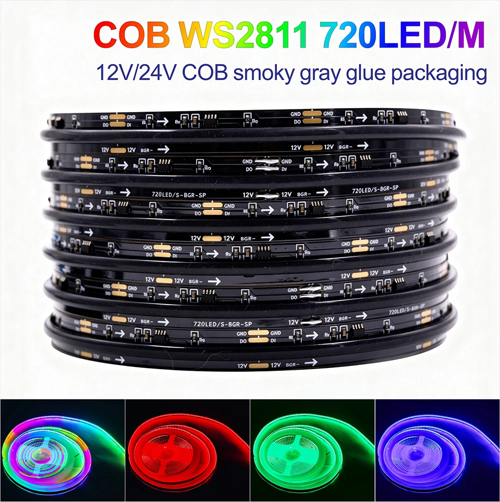 COB WS2811 LED Strip 720LEDs/m DC12V 24V Addressable RGB Dream Color Pixel Light Tape Smoky Gray Glue High Density No Dark Spot