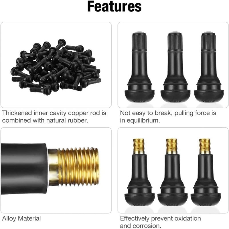 4PCS Tire Valve Stems Rubber Black Rubber Snap-in Valve Stems Standard Replacement Tire Valve Stems For Car Tubeless Rim Holes