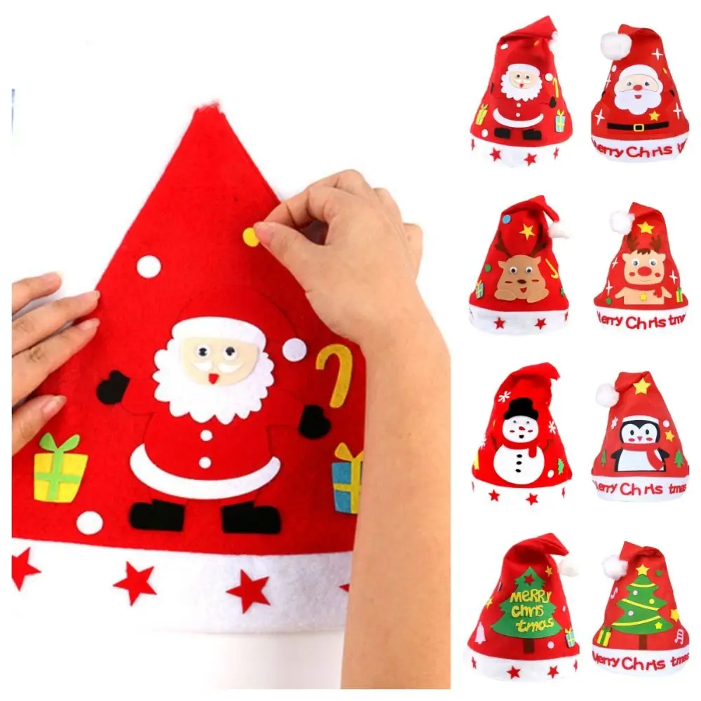 Chapéu de papai noel feito à mão, chapéu de natal diy para crianças, chapéus de artes de natal, chapéu kriss kringle, tecido não tecido, papai noel, alce, pinguim, brinquedo