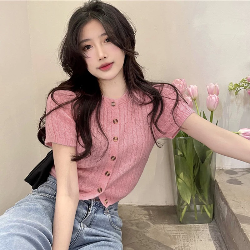 Summer Women Knitted Cardigan Female Korean Slim Top Thin Short Section Short-sleeved Top Solid Color Simple Tops