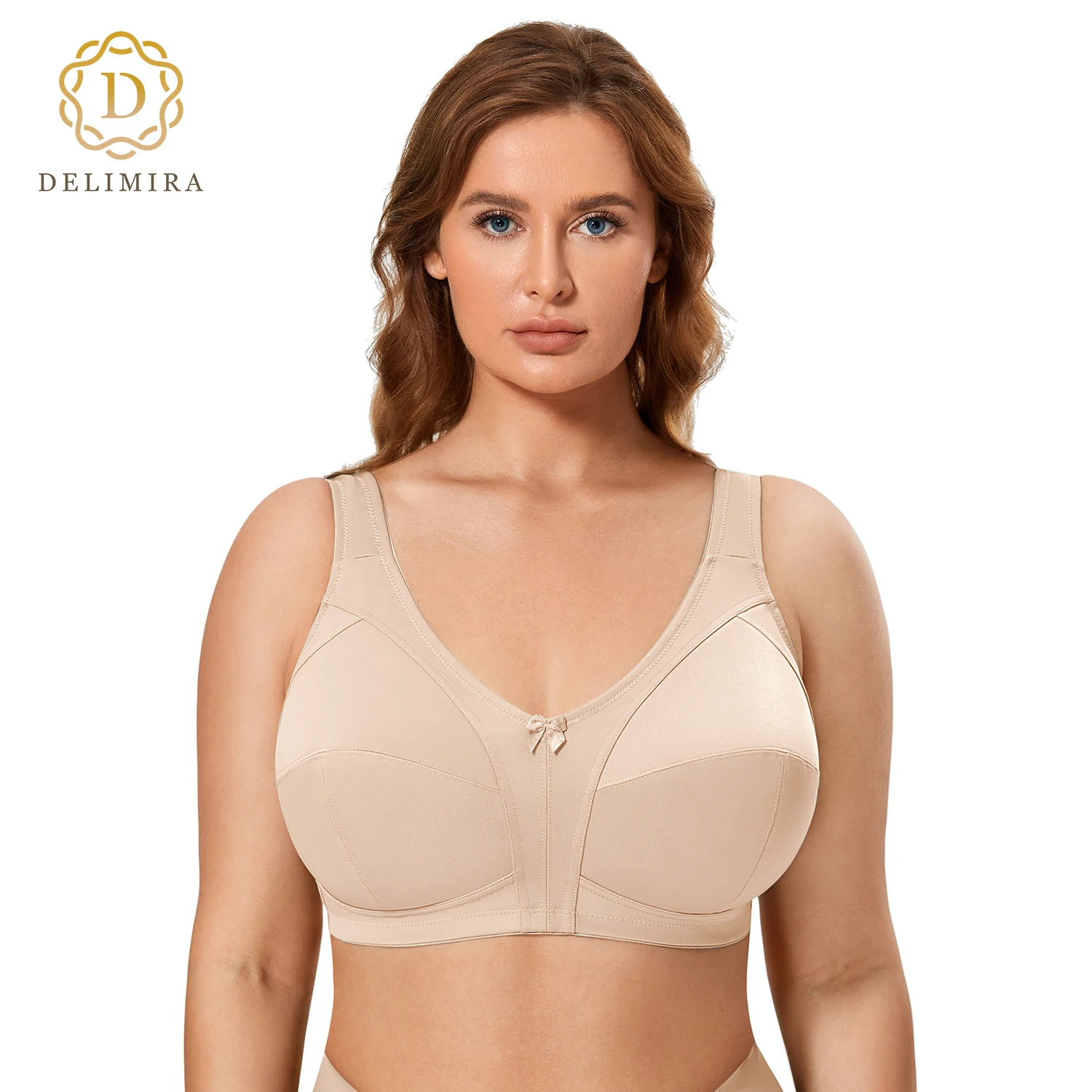 DELIMIRA Women\'s Non Padded Plus Size Wireless Support Full Coverage Bra Black Beige D DD E F Cup