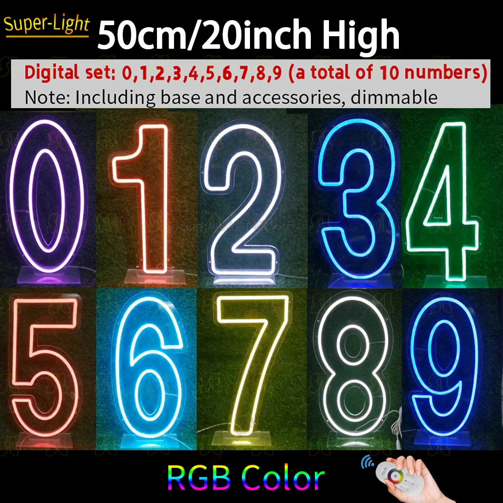 Big 50cm/20inch High RGB Numbers Set 0 1 2 3 4 5 6 7 8 9 Digital Neon Signs for Birthday Party LED Light Up Signs Wedding Decor