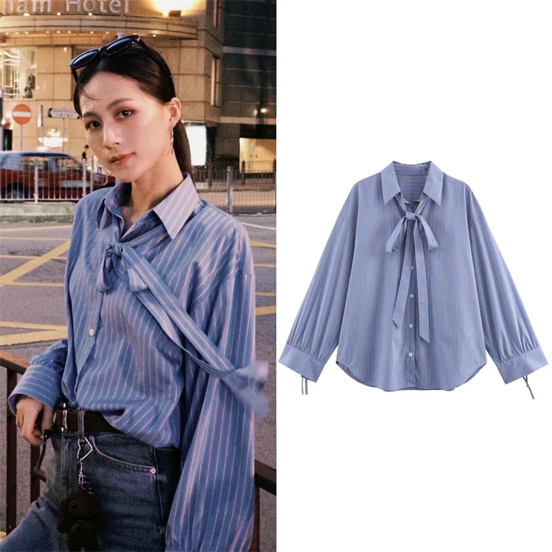 

Women's Shirt 2025 Autumn New Style Blue Striped Long-Sleeve Tie-Detail Loose Hong Kong Style Shirt Casual Fashion Versatile