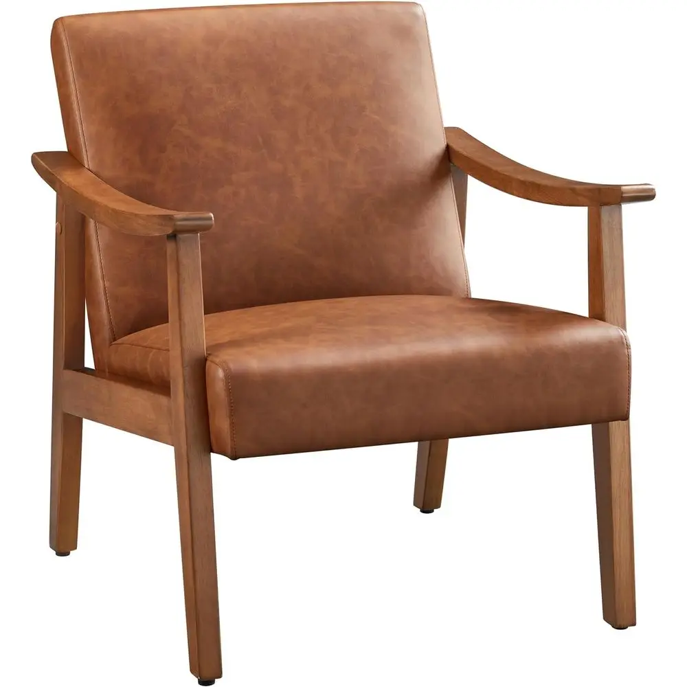 PU Leather Accent Chair, -Century ern Armchair with Solid Wood Legs, Reading Leisure Chair with High Back or Living Room Bedroom