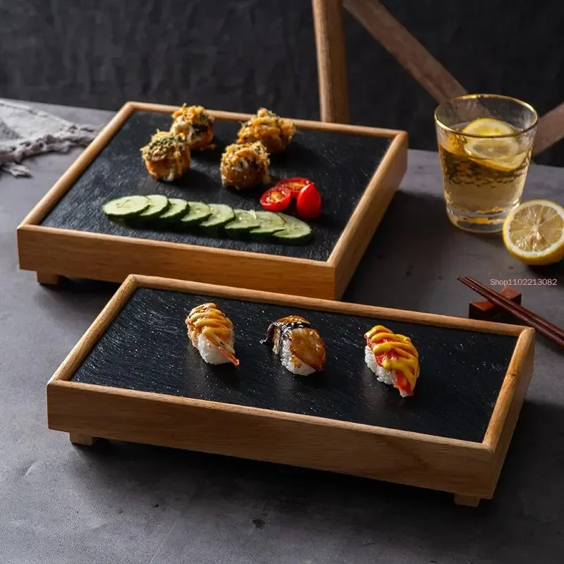 

Новая черная каменная тарелка для ресторана, отеля, западная кухня, бамбуковое дерево, горячий горшок, шабу-сябу, шифер, посуда для барбекю