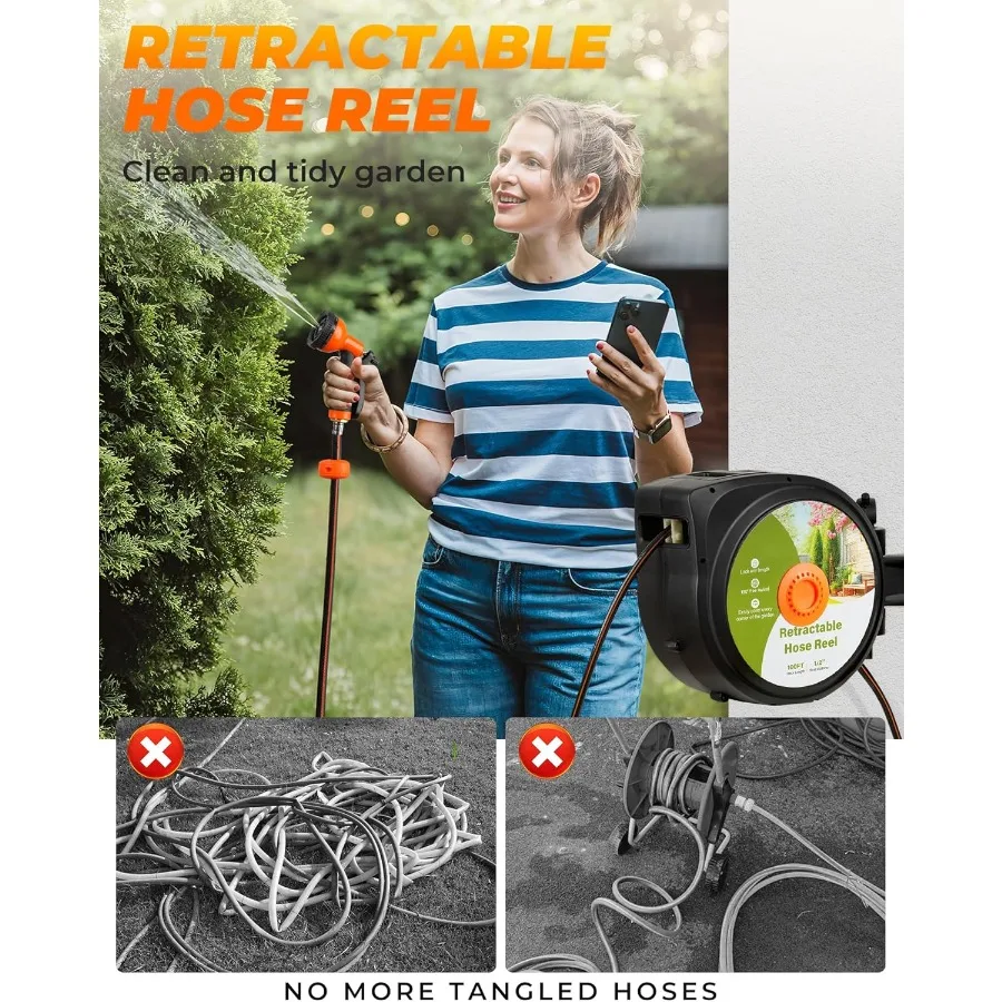 자동 감김식 정원 호스 릴 100피트 x 1/2인치 초강력 자동 벽걸이형 물 호스 릴 (야외용, 길이 조절 가능)